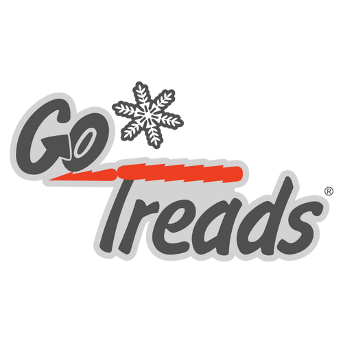 Go Treads logo featuring gray stylized lettering with a white snowflake icon and a red tread-like stripe on a light gray background.